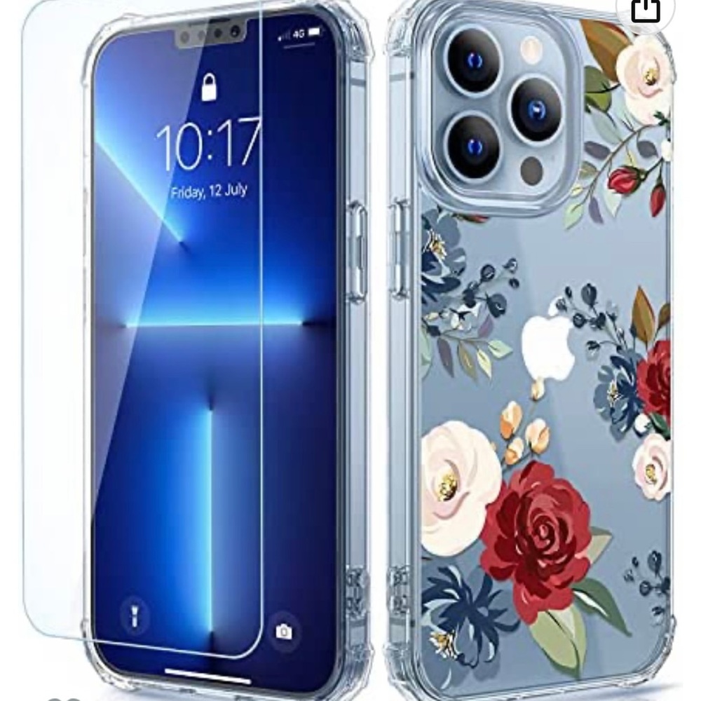iPhone 13 Pro Max Case Screen Protector Clear Floral Soft Protective Cover Rose
